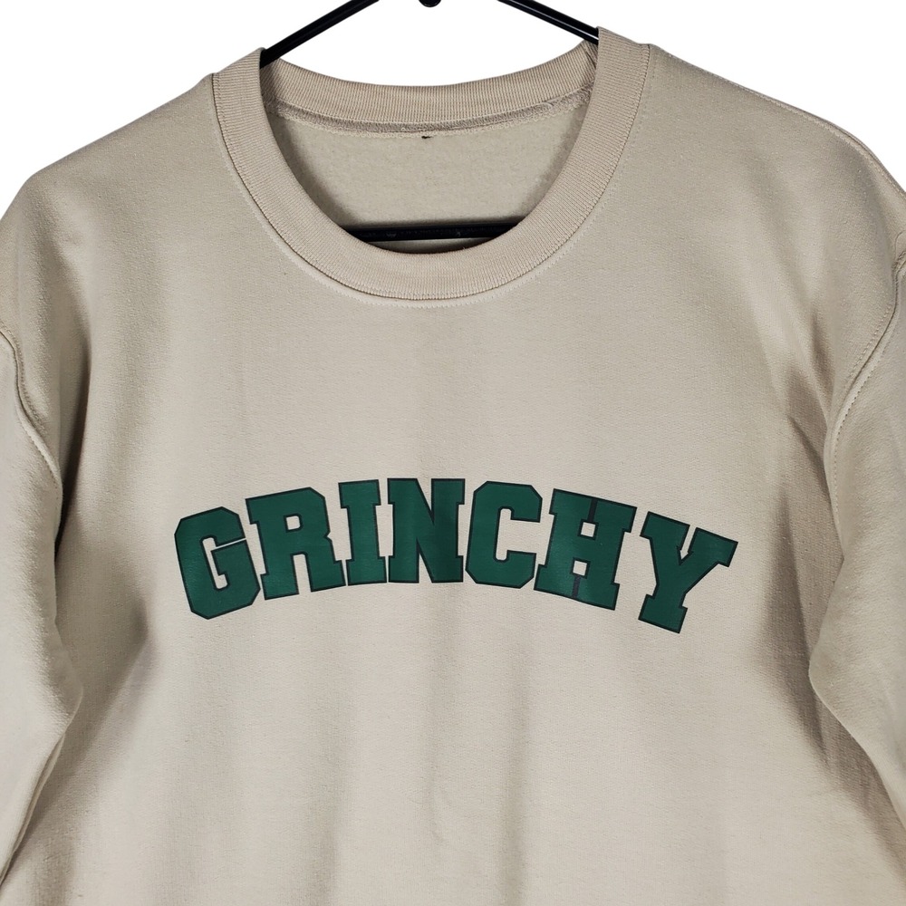 Grinchy Graphic Crewneck Sweatshirt Tan Green Holiday Pullover Women Small